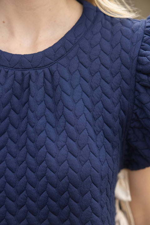 VOY-Twill Tie Textured Knit Top: Navy-Pink Dot Styles