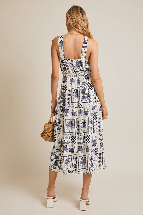 GILLI-Ivory & Navy Abstract Print Dress-Pink Dot Styles
