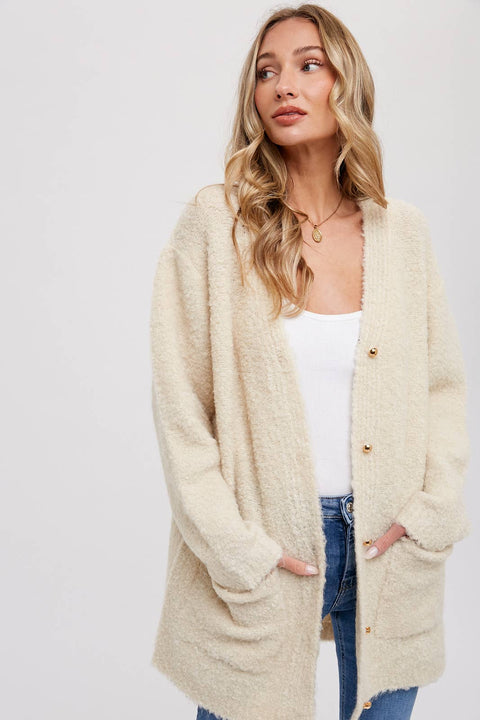 Bluivy-Silver Button Boucle Cardigan: Oatmeal-Pink Dot Styles
