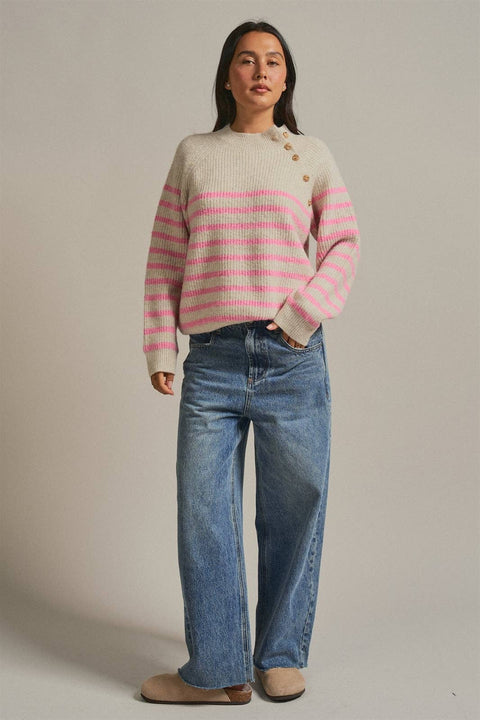 Striped Mock Neck Sweater with Gold Buttons: Pink Beige