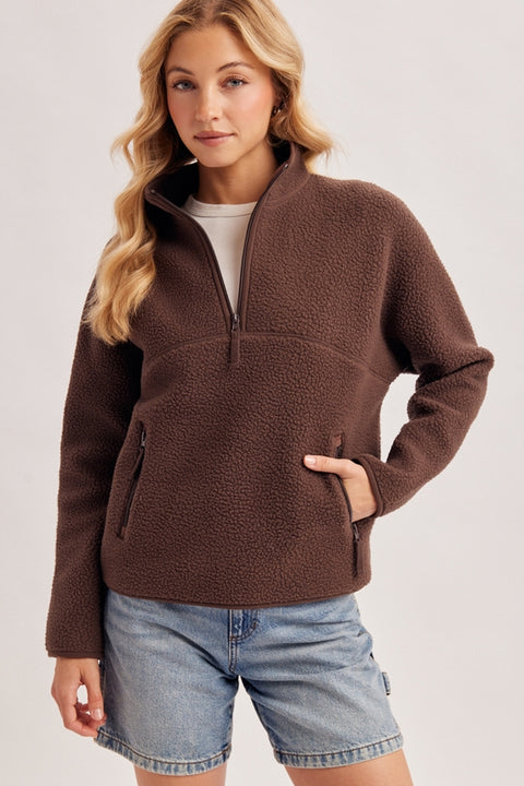 Sherpa Fleece Half Zip Pullover-Chocolate Brown
