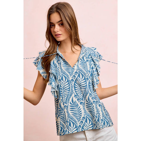 Botanical Printed Ruffle Sleeve Top
