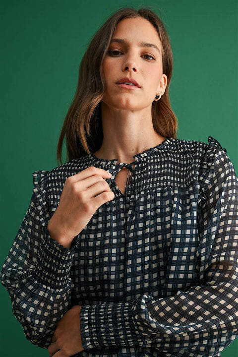 Plaid Blouse with Smocking: Navy