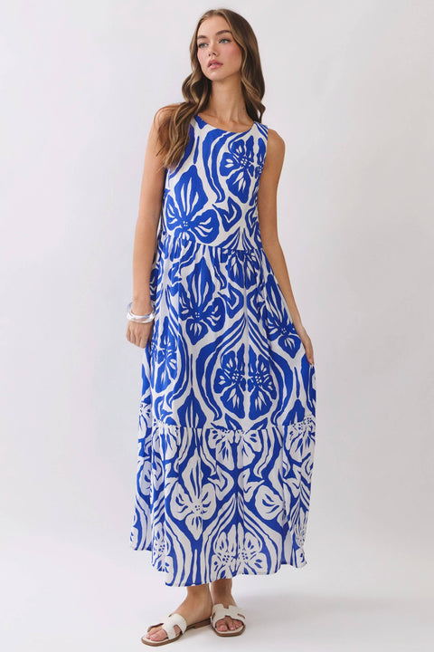 TCEC-Abstract Floral Print Tiered Maxi Dress-Pink Dot Styles