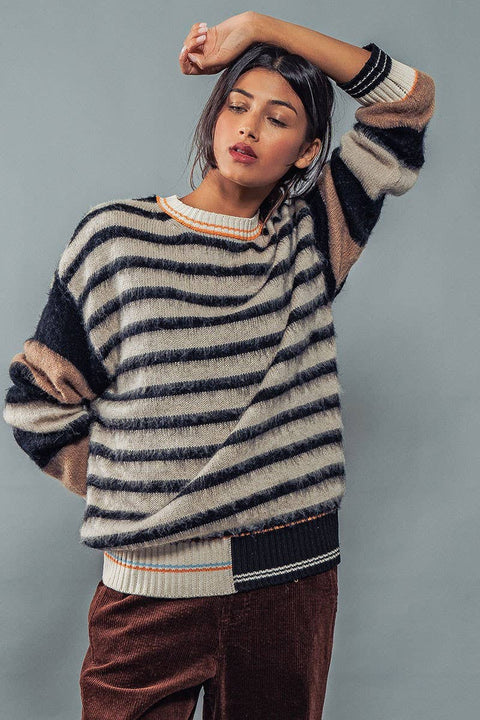 Urban Daizy-Striped Fuzzy Pullover : Multi / S-2/M-2/L-2-Pink Dot Styles