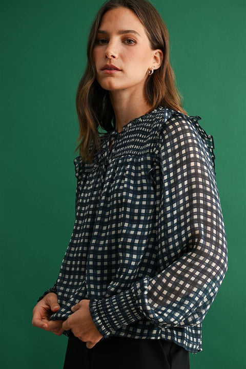 Plaid Blouse with Smocking: Navy