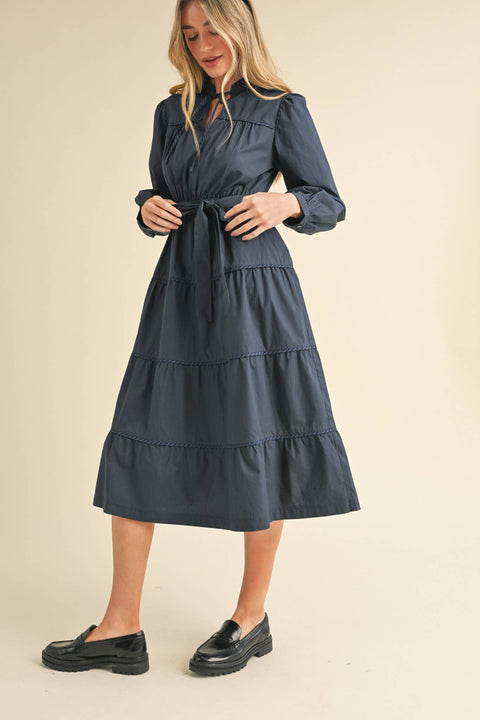 &MERCI-Navy Contrast Binding Midi Dress-Pink Dot Styles
