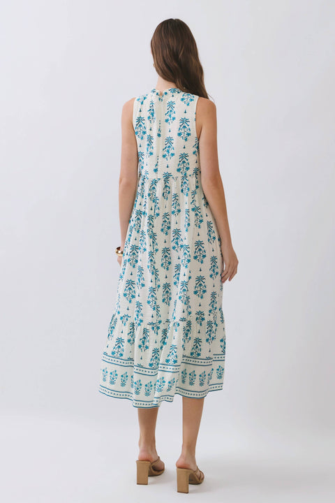 Blue & White Floral Tiered Midi Dress