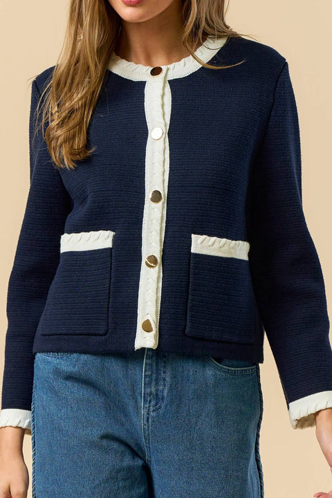 Lalavon-ILT6336 Loop Detail Sleeve Cardigan Top : NAVY-OFF WHITE / S-Pink Dot Styles