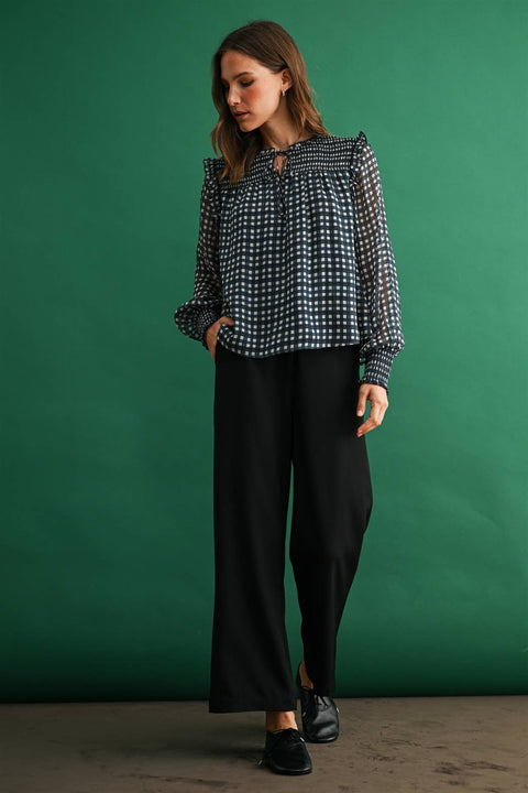 Plaid Blouse with Smocking: Navy