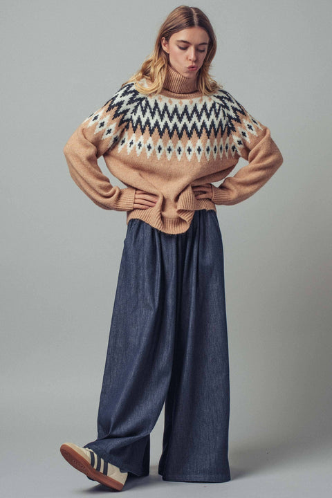 Fair Isle Knit Turtleneck Sweater: Taupe