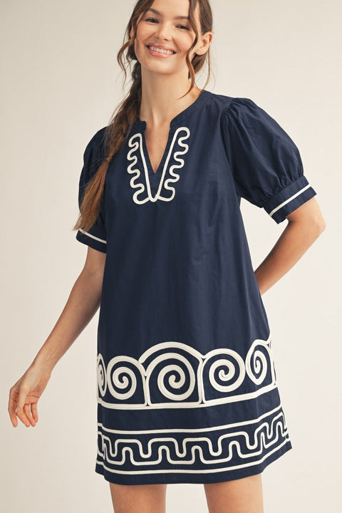 Navy Embroidered Shift Dress