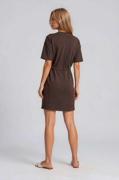 GILLI-Round Neck Short Sleeve Waist Tie Dress – Chocolate Brown-Pink Dot Styles