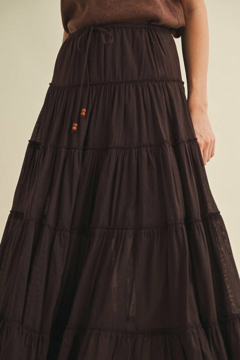 Mustard Seed-Beaded Drawstring Tiered Maxi Skirt: Chocolate-Pink Dot Styles