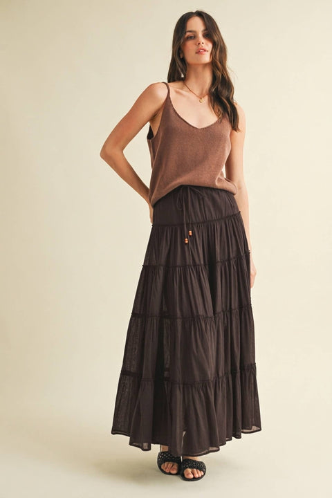 Mustard Seed-Beaded Drawstring Tiered Maxi Skirt: Chocolate-Pink Dot Styles