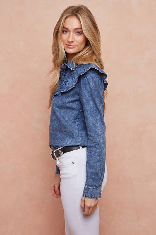Ruffled Long Sleeve Denim Shirt– Pink Dot Styles