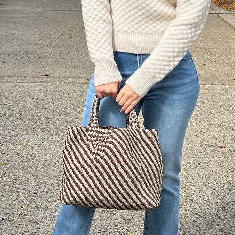 Lilly Woven Neoprene Tote with Pouch: Chocolate/Ecru