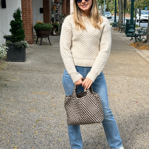 Lilly Woven Neoprene Tote with Pouch: Chocolate/Ecru