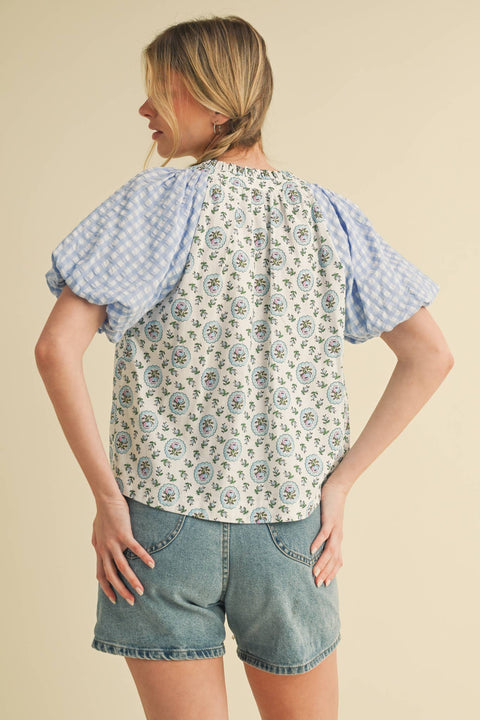 &MERCI-CONTRAST PRINT BUBBLE SLEEVE TOP MTP3562: Baby Blue Multi / M-Pink Dot Styles