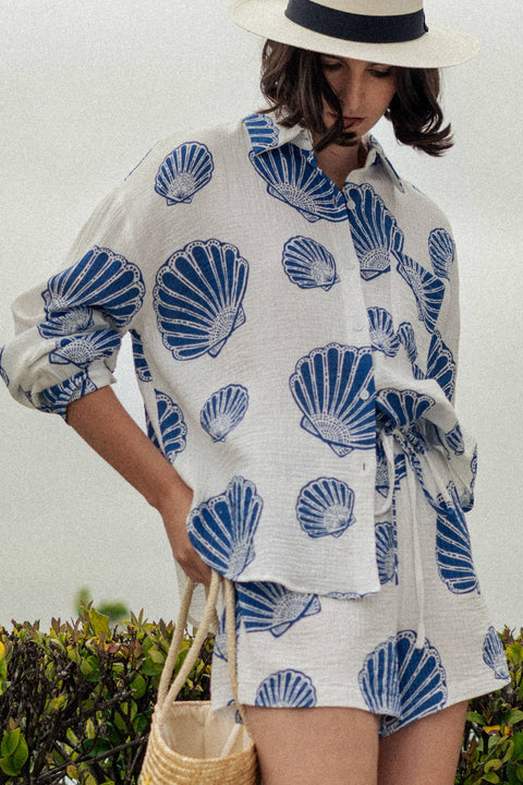 Urban Daizy-Seaside Blue Shell Cotton Gauze Shirt & Short Set-Pink Dot Styles