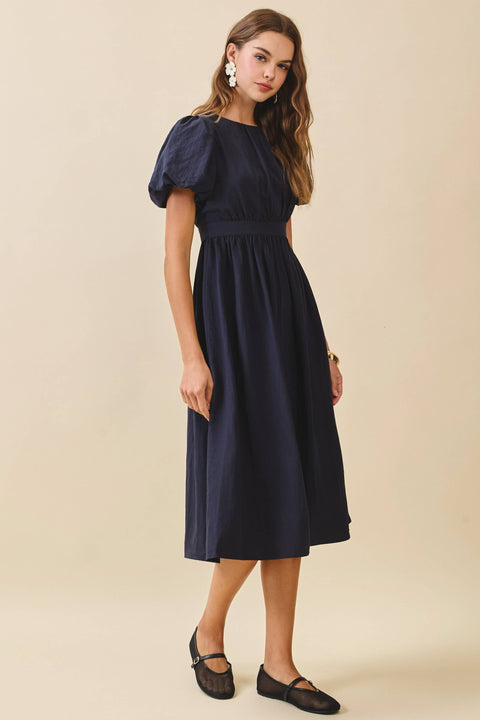 Navy Puff Sleeve Midi Dress