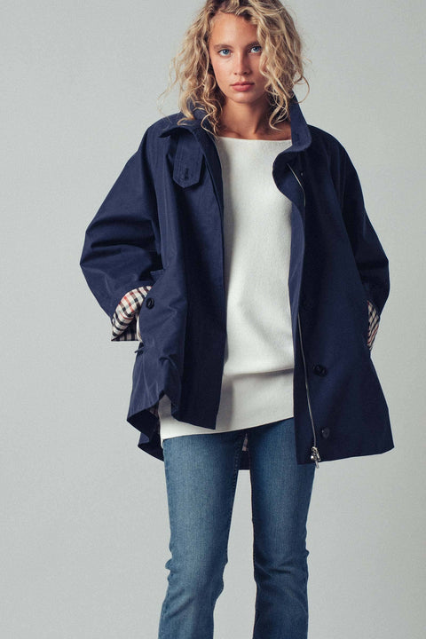 Modern A-Line Trench Jacket: Navy