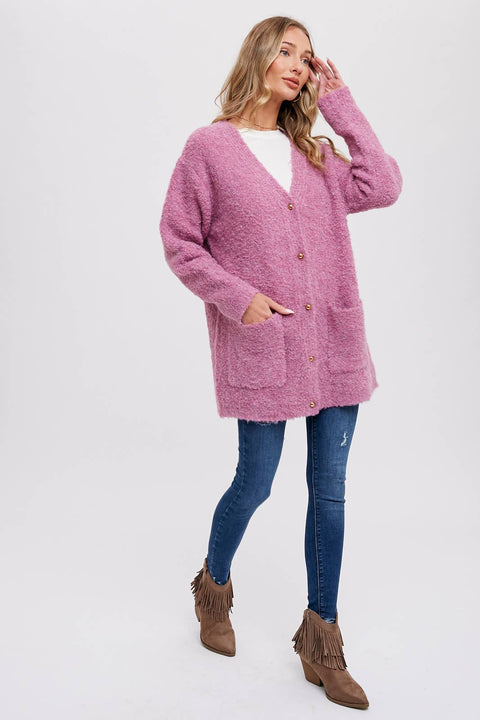 Bluivy-Silver Button Boucle Cardigan: Oatmeal-Pink Dot Styles
