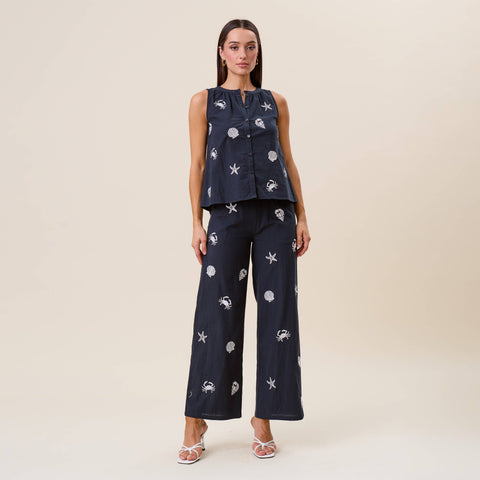 Embroidered Sea Life Pant: Navy