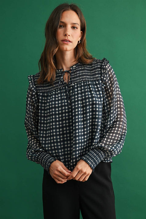 Plaid Blouse with Smocking: Navy