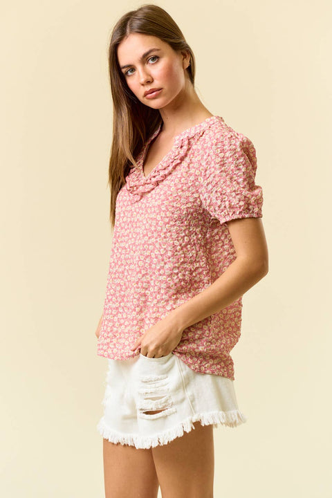 Doe and Rae-Coral Floral Short Sleeve Blouse-Pink Dot Styles