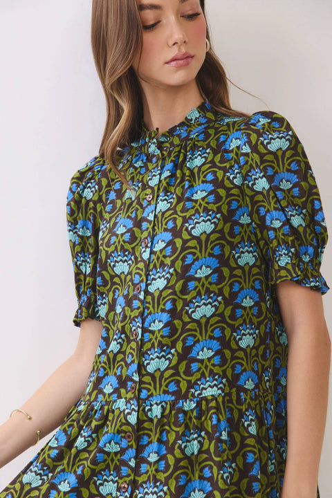 Floral Print Puff Sleeve Button Front Mini Dress: Brown