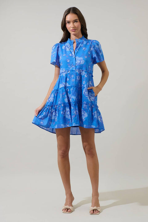 Sugarlips-Selma Floral Otis Tiered Mini Dress: Cobalt Blue-Pink Dot Styles