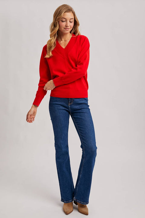 Ribbed V-Neck Knit Sweater: Ruby Red