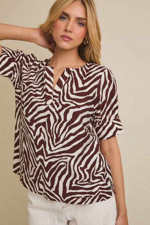 GILLI-Zebra Puff Sleeve Top-Pink Dot Styles