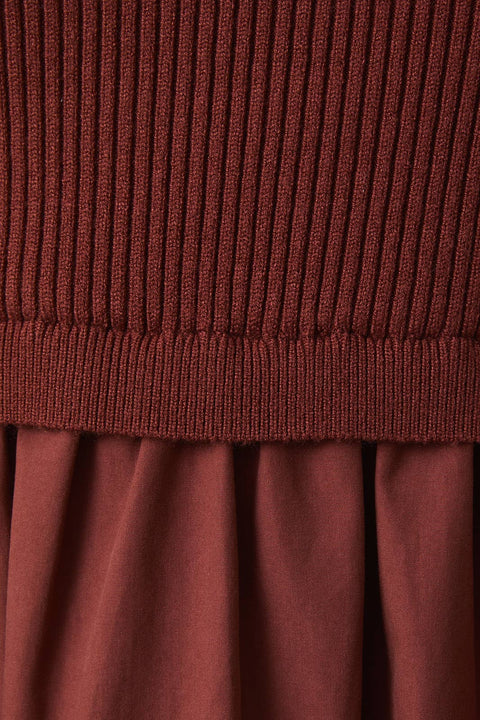 Sunday Edition by LE LIS-MOCK NECK SHORT SLEEVE KNIT & WOVEN MIX TIERED MIDI DRESS: RUST / L-Pink Dot Styles