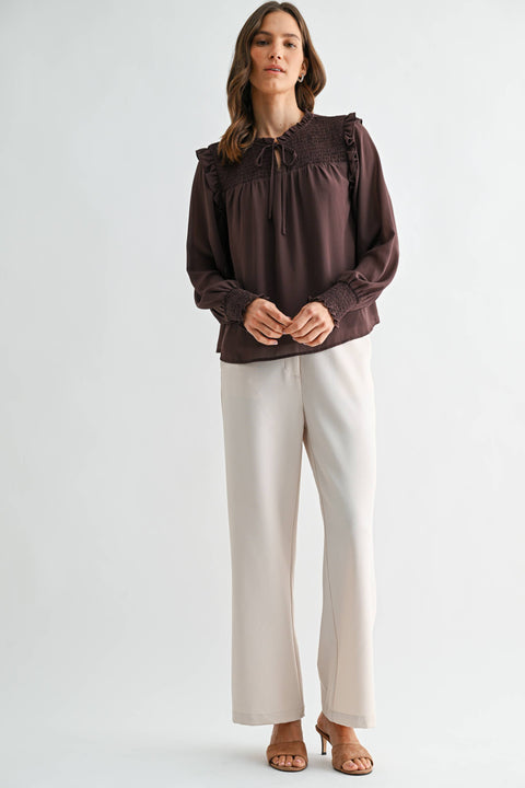Chocolate Brown Ruffle Neck Blouse