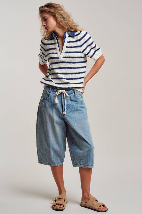 Denim Collar Striped Textured Knit Polo