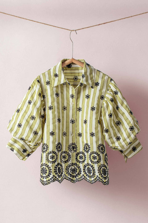 Urban Daizy-Striped Floral Embroidered Scallop Blouse: BROWN / S-2/M-2/L-2-Pink Dot Styles