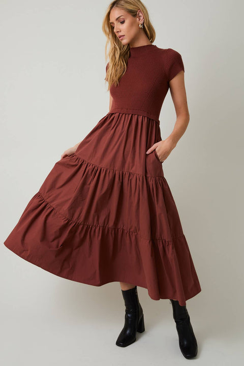 Sunday Edition by LE LIS-MOCK NECK SHORT SLEEVE KNIT & WOVEN MIX TIERED MIDI DRESS: RUST / L-Pink Dot Styles