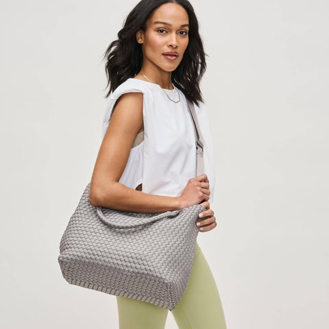 Sol and Selene-Sky's The Limit Medium Woven Neoprene Tote: Fog-Pink Dot Styles