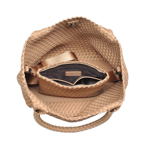 Sol and Selene-Sky's The Limit Medium Woven Neoprene Tote: Fog-Pink Dot Styles