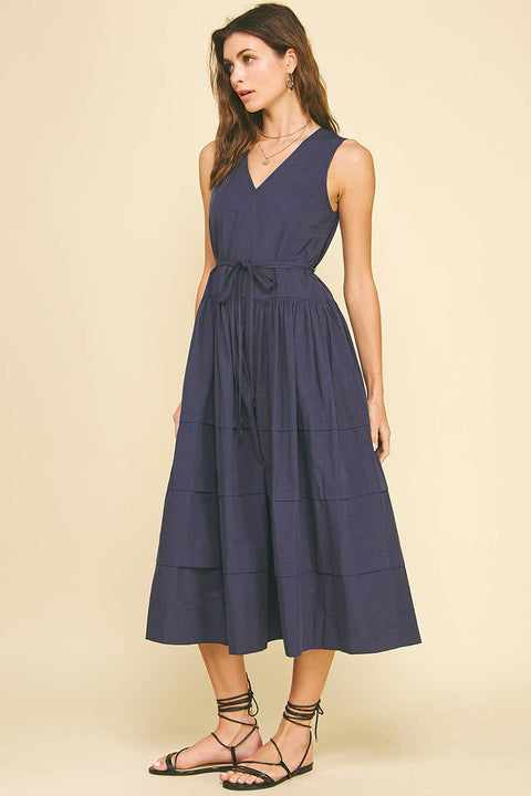 PINCH-Navy Poplin Midi Dress-Pink Dot Styles