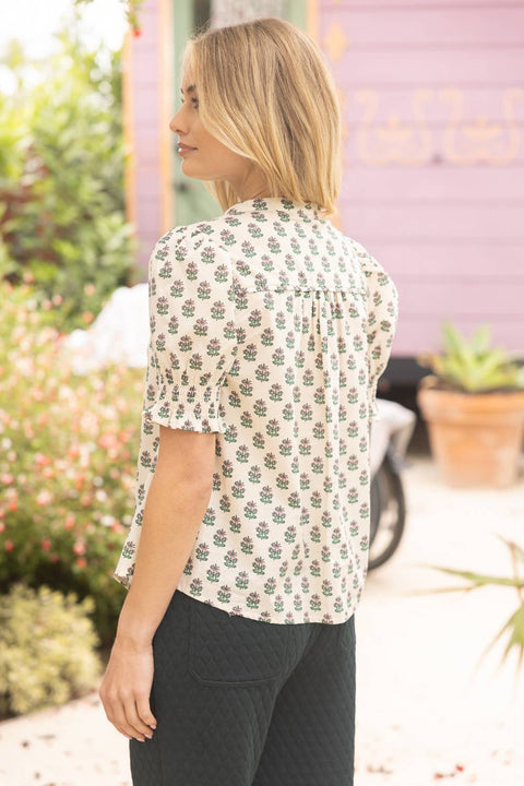 VOY-Block Print Smocked Floral Top-Pink Dot Styles