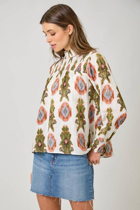 Mystree-Block Print Smocked Blouse-Pink Dot Styles
