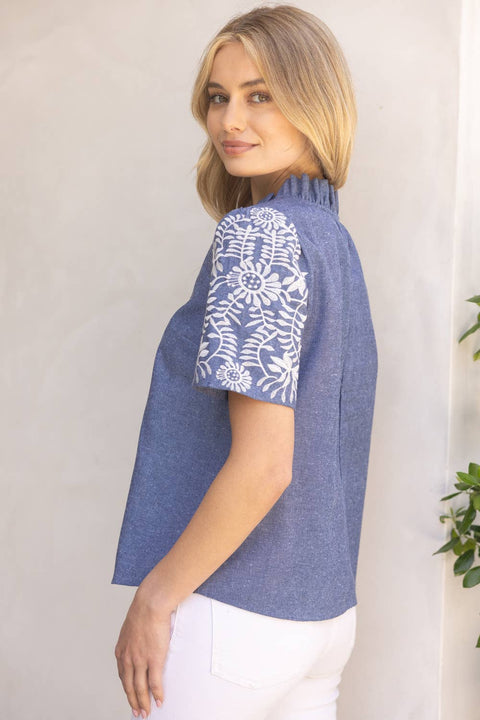 VOY-Embroidered Chambray Top-Pink Dot Styles