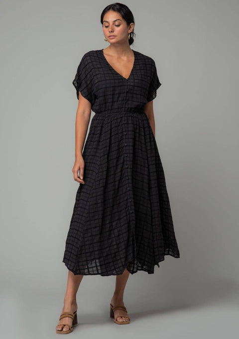 Cotton Button Front Handkerchief Midi Dress: Black