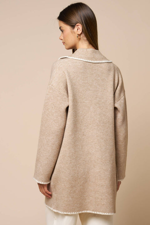 Contrast Trim Button Front Coat: Taupe