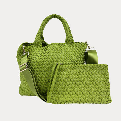 AHDORNED-Lily Woven Neoprene Tote with Pouch: NAVY/ECRU-Pink Dot Styles