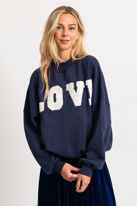 "LOVE" LOOSE FIT CREW NECK PULLOVER-Apparel > Womens > Tops > Sweaters-Pink Dot Styles