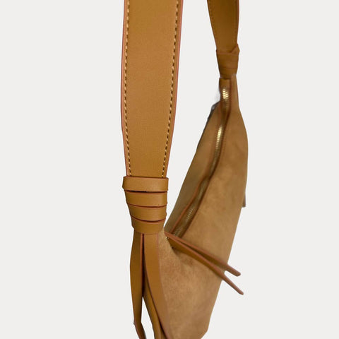 AHDORNED-Sara Solid Suede Shoulder Bag w/ Tassels: Camel-Pink Dot Styles